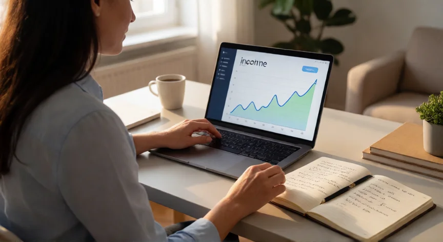 como aumentar ingresos, Mujer revisando su plan financiero y de ingresos en su escritorio en casa