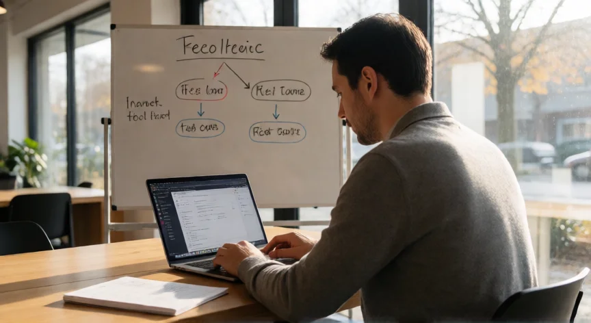 como aumentar ingresos, Hombre gestionando proyectos freelance en un espacio de coworking con pizarra de planificación