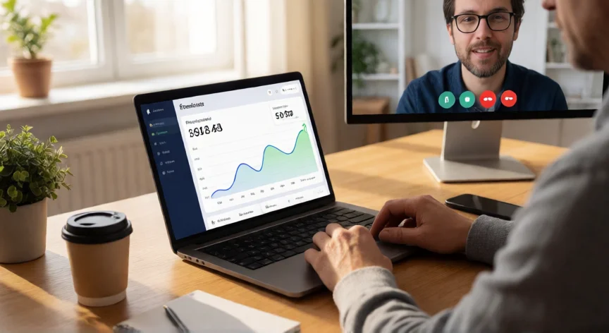 como aumentar ingresos desde casa, Persona trabajando en su despacho en casa con portátil y gráficos de ingresos en pantalla