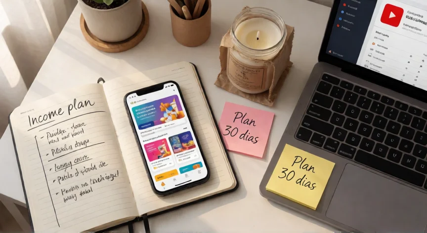como aumentar ingresos desde casa, Vista cenital de escritorio con plan de ingresos, curso online y producto artesanal