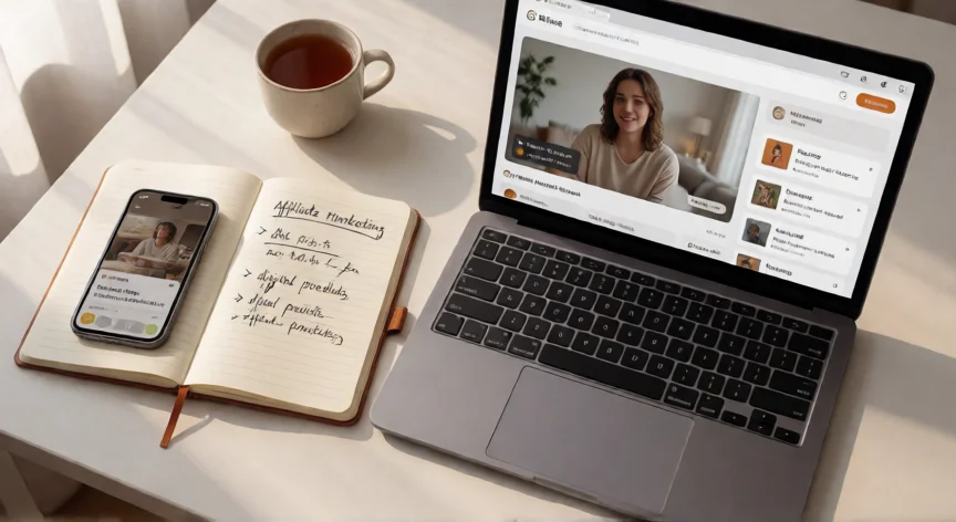 como aumentar ingresos pasivos, Punto de vista cenital de escritorio con laptop mostrando plataforma de cursos y notas de marketing de afiliados