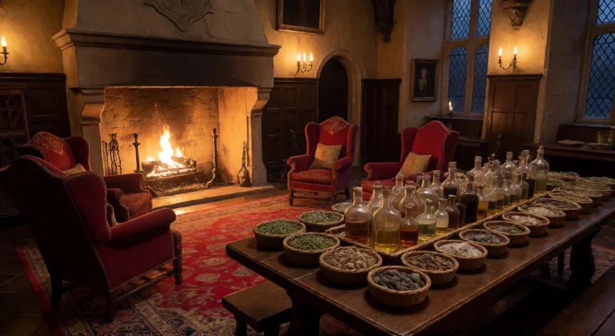 como aumentar inventario hogwarts legacy, Sala común de Hogwarts con ingredientes de pociones organizados sobre la mesa