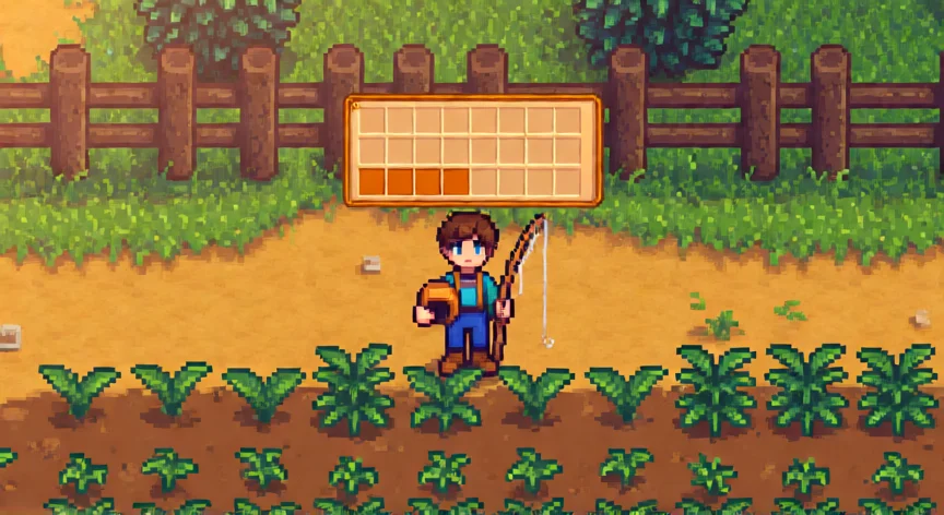 como aumentar inventario stardew valley, Personaje de Stardew Valley con capa de enano y caña de pescar junto a interfaz de inventario