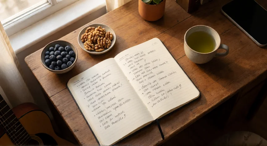 como aumentar iq, Mesa de estudio con apuntes, frutos secos, té verde y guitarra para el enriquecimiento cognitivo