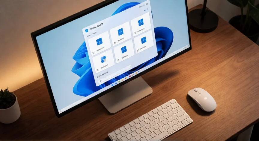 como aumentar janela pc, Setup de PC com menu de Snap Layouts do Windows 11 visível no monitor