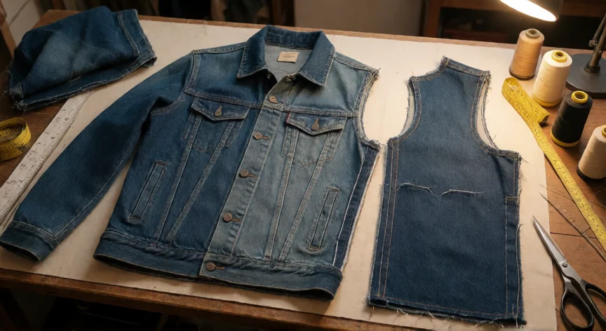 como aumentar jaqueta jeans, Banco de sastre con jaqueta de mezclilla abierta y panel lateral siendo cosido