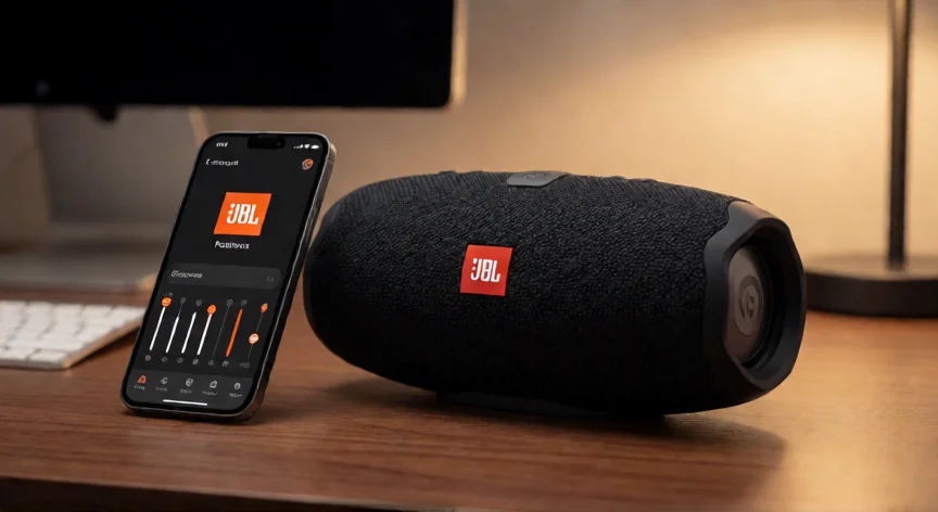 como aumentar jbl, Altavoz JBL junto a un móvil con la app JBL Portable mostrando el ecualizador