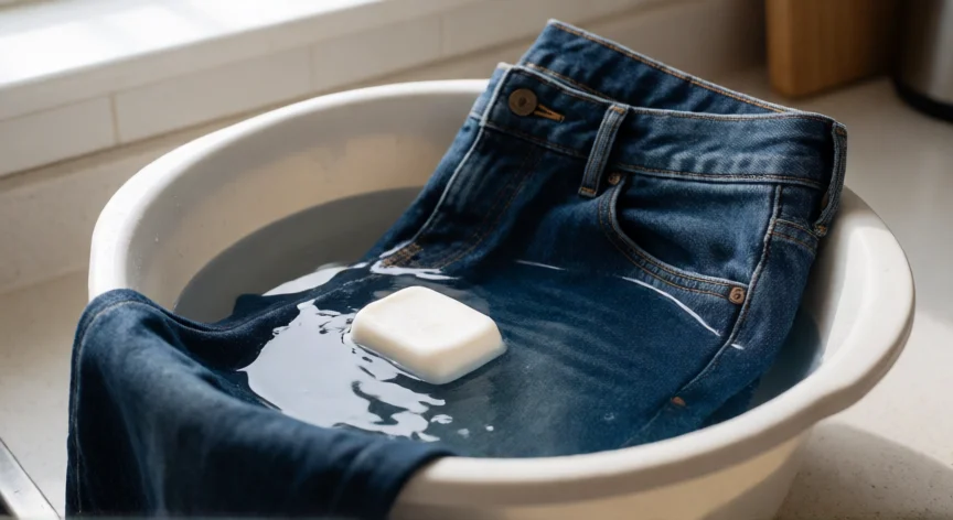como aumentar jeans la cintura, Jeans de denim sumergidos en una cuenca con agua tibia y jabón neutro para estirar la cintura