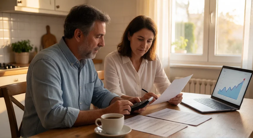 como aumentar jubilacion, Pareja revisando sus opciones de jubilación y planificación financiera en casa
