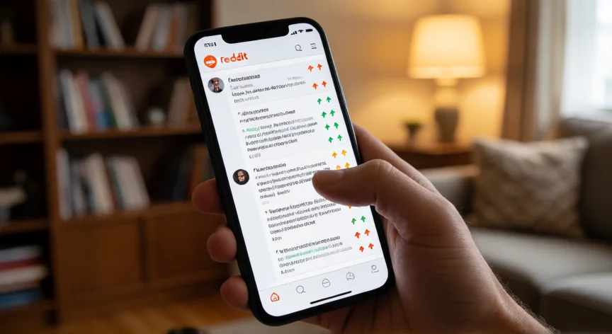 como aumentar karma en reddit, Mano con móvil mostrando un hilo de Reddit con muchos upvotes