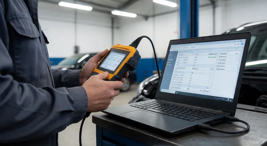 como aumentar kilometraje digital, Técnico de taller conectando un diagnóstico OBD al vehículo para verificar el kilometraje digital