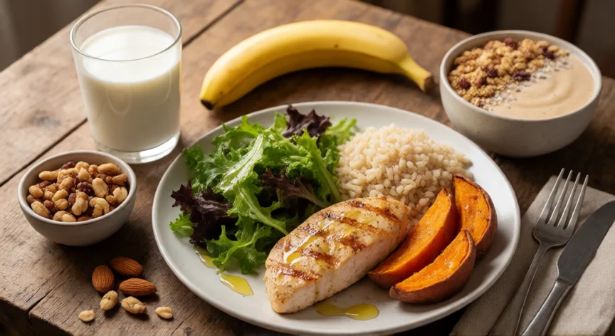 como aumentar kilos, Comida saludable completa para ganar peso: pollo, arroz, boniato, ensalada y frutos secos
