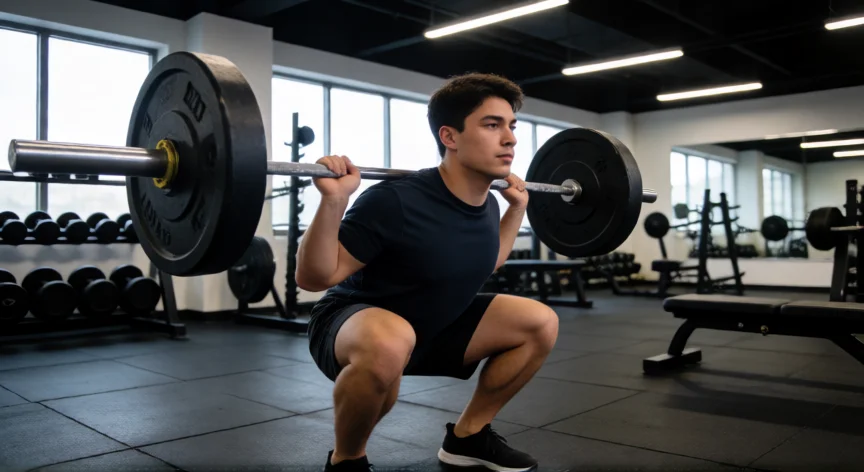 como aumentar kilos, Hombre realizando sentadilla con barra en el gimnasio para ganar masa muscular