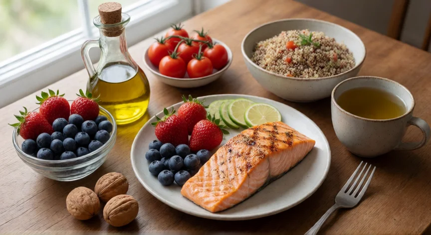 como aumentar klotho, Plato mediterráneo con omega-3, bayas y té verde para apoyar niveles de Klotho