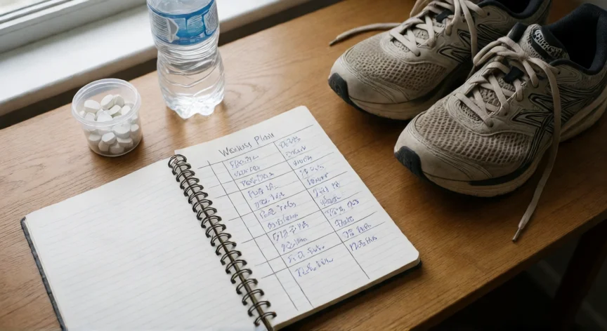 como aumentar km corriendo, Plan de entrenamiento semanal de carrera sobre una mesa con zapatillas y botella