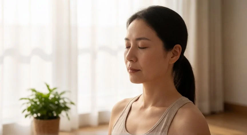 como aumentar la progesterona, Mujer practicando respiración diafragmática para reducir el cortisol y favorecer la progesterona
