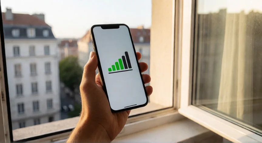 como aumentar la señal 4g de mi celular, Persona sosteniendo un celular junto a la ventana con señal 4G al máximo