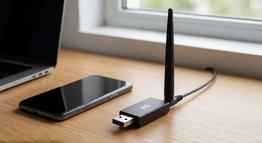 como aumentar la señal 4g de mi celular, Repetidor USB 4G con antena externa sobre un escritorio junto a un teléfono