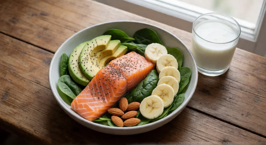 como aumentar la serotonina, Bowl de desayuno saludable con salmón, aguacate, semillas de chía y plátano sobre mesa de madera