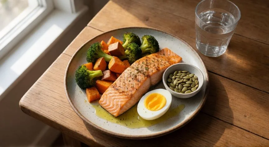como aumentar la testosterona, Plato de comida saludable con salmón, verduras y semillas para optimizar testosterona