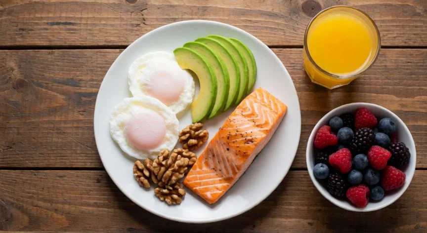 como aumentar la testosterona de forma natural, Desayuno saludable con salmón, aguacate, huevos y frutos secos