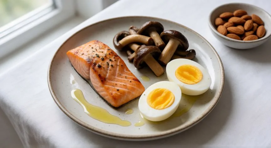 como aumentar la vitamina d, Plato con salmón, huevos, almendras y setas como fuentes de vitamina D