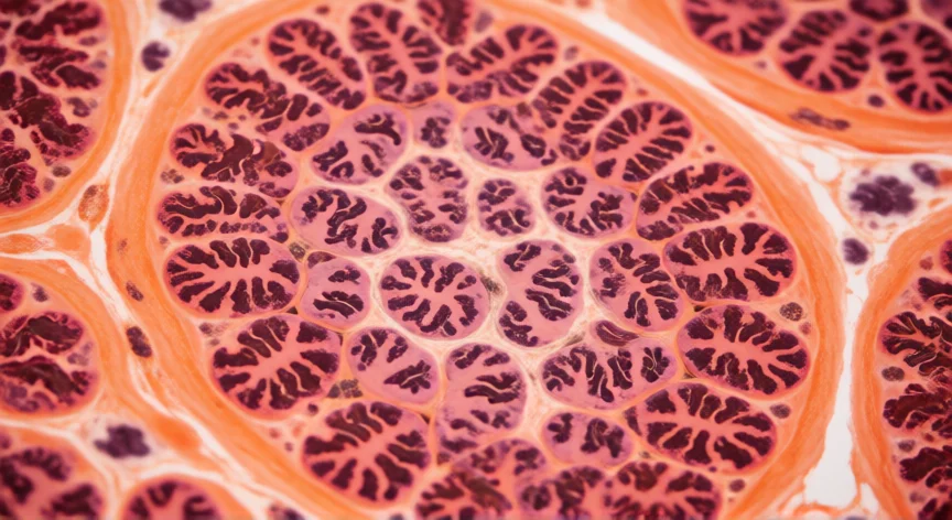 como aumentar las mitocondrias en mi cuerpo, Vista microscópica de mitocondrias sanas en tejido muscular esquelético