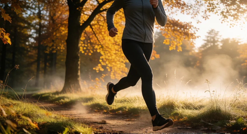 como aumentar las mitocondrias en mi cuerpo, Persona corriendo al aire libre por un sendero forestal al amanecer