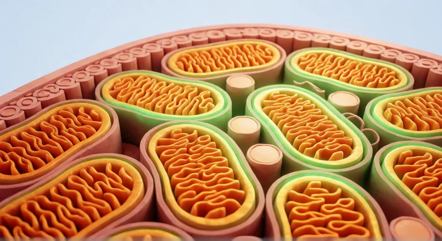 Vista microscópica de una célula muscular con mitocondrias activas en proceso de biogénesis