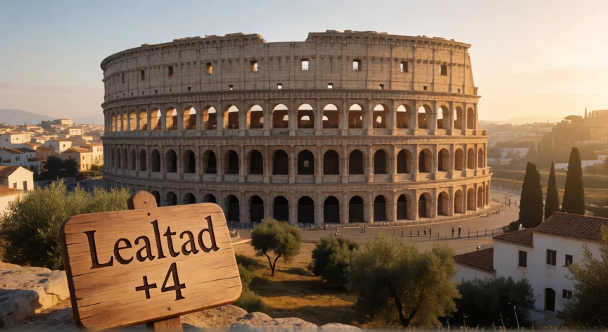como aumentar lealtad civilization 6, Coliseo antiguo rodeado de ciudad mediterránea con tableta que muestra bonificación de lealtad