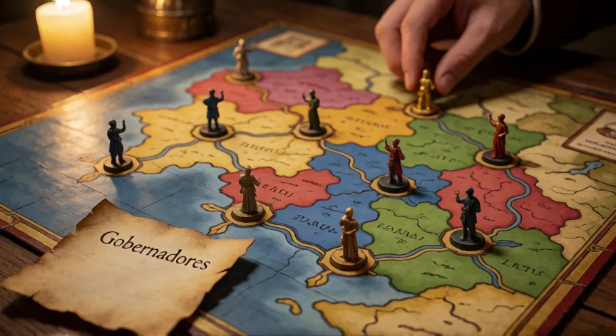 como aumentar lealtad civilization 6, Tablero de estrategia medieval con figuritas de gobernadores sobre un mapa de territorio