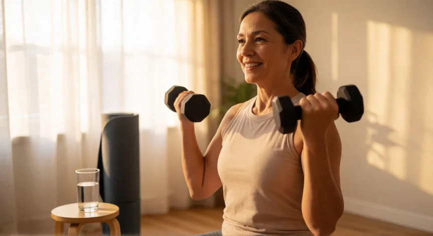 como aumentar los estrógenos, Mujer mayor de 45 años haciendo ejercicio de fuerza con mancuernas en casa