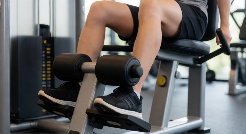 como aumentar los gemelos, Vista cercana de ejercicio de pantorrilla sentado en máquina de gimnasio