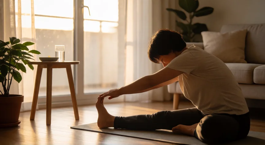 como aumentar los glóbulos blancos de forma natural, Persona practicando yoga suave para reducir el estrés y favorecer la función inmunitaria