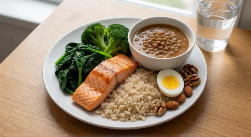 como aumentar los glóbulos blancos urgente, Plato saludable con salmón, verduras, legumbres y frutos secos para apoyar la hematopoyesis