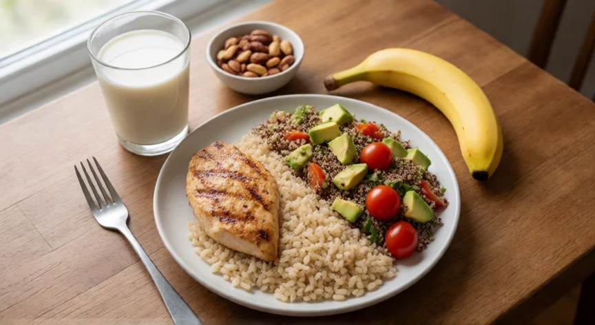 como aumentar los gluteos, Comida completa con proteína y carbohidratos para hipertrofia muscular