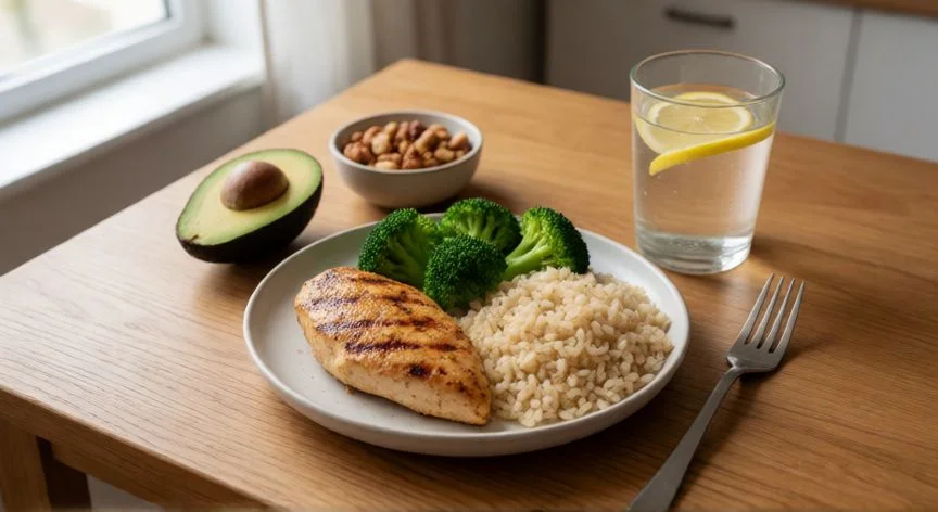 como aumentar masa muscular, Comida equilibrada con proteína, carbohidratos complejos y verduras para ganar masa muscular