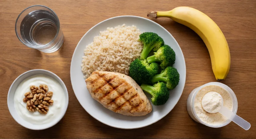 como aumentar masa muscular en brazos en 2 semanas, Comida rica en proteína para ganar masa muscular: pollo, arroz, verduras y yogur