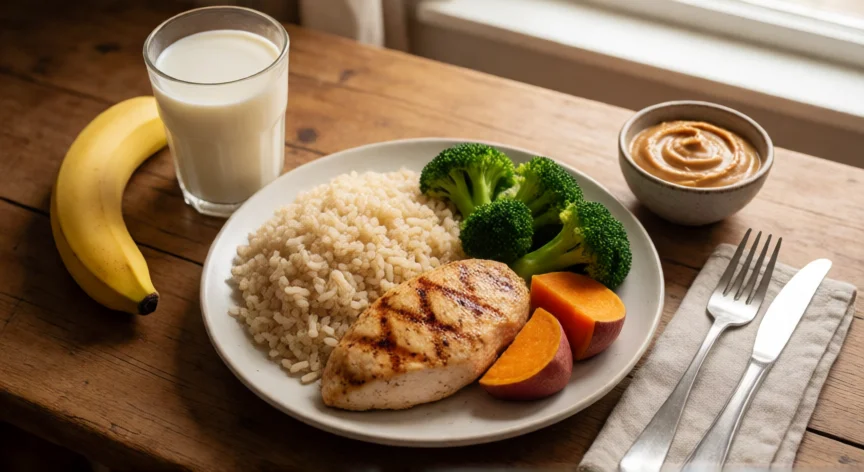como aumentar masa muscular en las piernas, Comida hipercalórica post-entreno con pollo, arroz, verduras y lácteos sobre mesa de madera