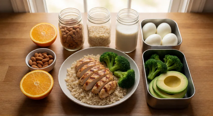 como aumentar masa muscular en poco tiempo, Plato de comida macrobalanceda con pollo, arroz, brócoli y batido de proteína para ganar músculo