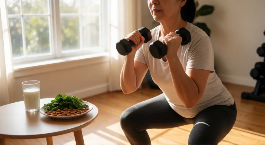 como aumentar masa osea, Mujer haciendo sentadillas con mancuernas en un gimnasio doméstico con alimentos ricos en calcio al lado