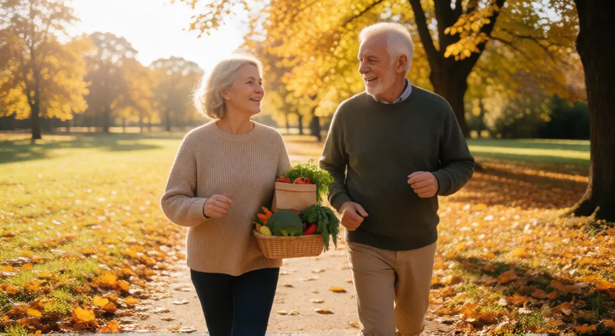 como aumentar masa osea, Pareja mayor caminando a paso rápido por un parque soleado con vegetales ricos en calcio