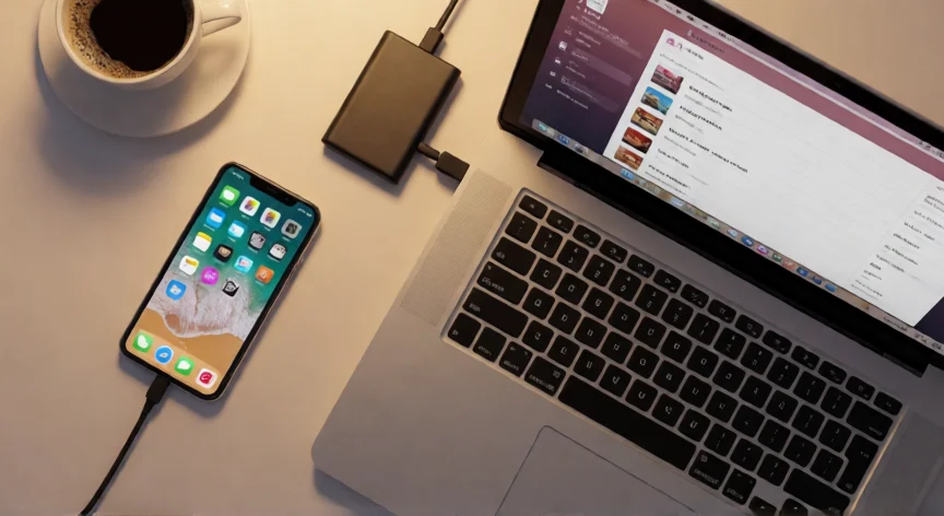 como aumentar memoria iphone 8 plus, iPhone 8 Plus conectado a un Mac mediante cable para liberar espacio con copia de seguridad externa