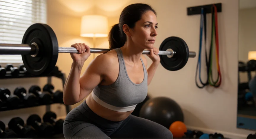 como aumentar metabolismo basal, Mujer entrenando fuerza con barra en un gimnasio de casa