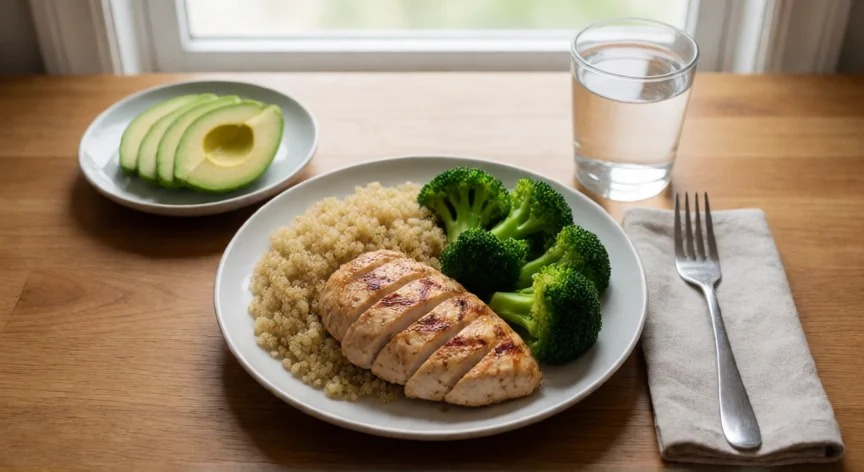 como aumentar metabolismo basal, Plato equilibrado con proteína magra, cereales integrales y verduras