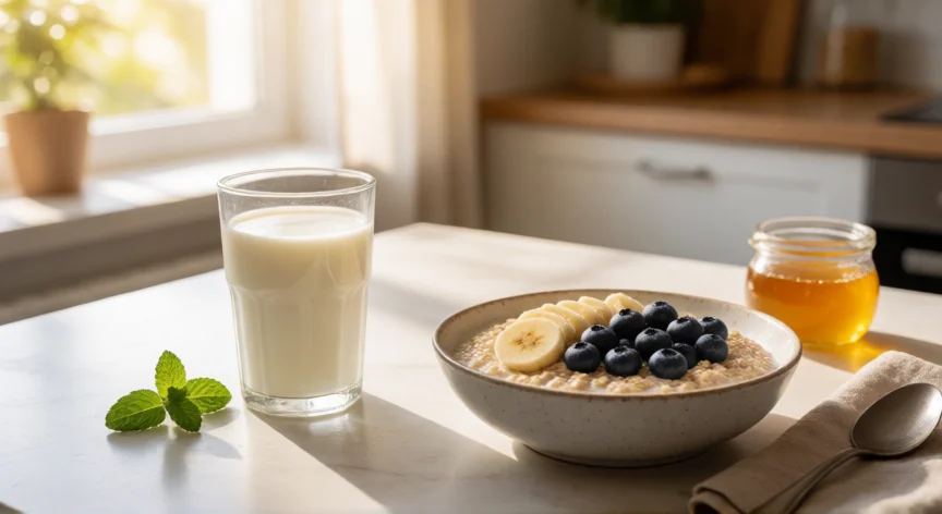 como aumentar mi consumo de leche, Vaso de leche con cereales y fruta en una mesa de desayuno con luz natural