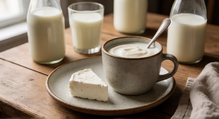 como aumentar mi consumo de leche, Queso fresco, yogur natural y vaso de leche sobre mesa de madera rústica