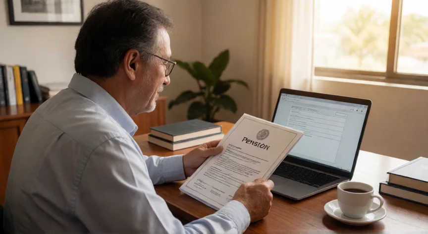 Pensionado revisando su documentación en una oficina gubernamental