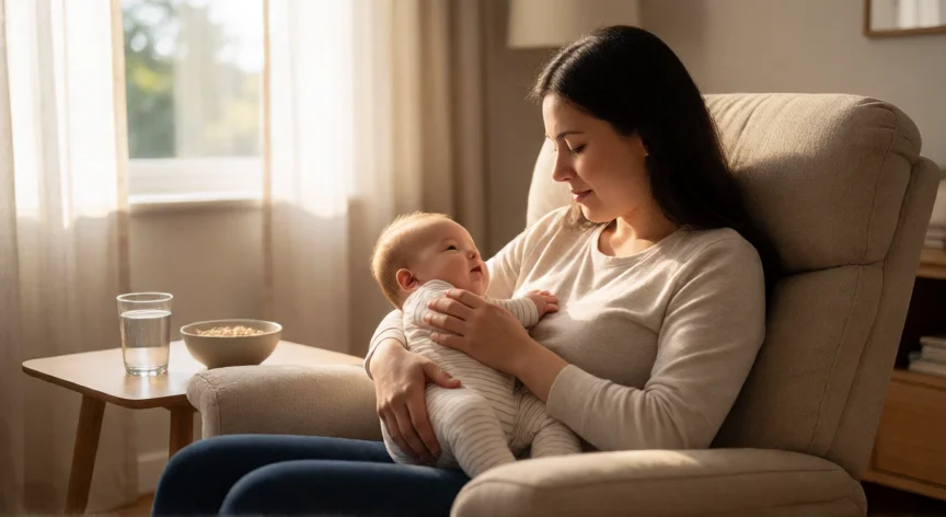 como aumentar mi producción de leche, Madre amamantando a su bebé en un ambiente cálido y tranquilo