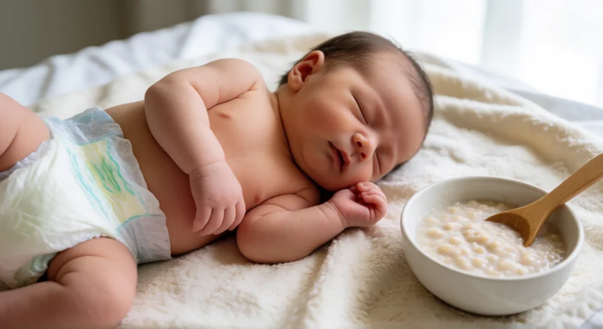 como aumentar mi producción de leche, Bebé sano durmiendo junto a un bowl de avena, señal de buena hidratación y nutrición